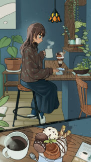 Cozy Anime Girl Sitting at Cafe Table Wallpaper for Mobile Screens