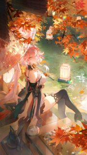 Stunning Anime Girl with Umbrella in Autumn Garden Wallpaper for Mobile