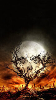 Spooky Halloween Skull Tree Silhouette Under Full Moon Mobile Wallpaper