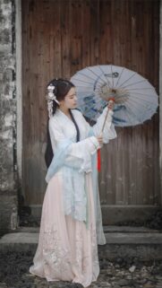 Beautiful Girl in Traditional Chinese Hanfu with Paper Umbrella Wallpaper