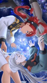 Suletta Mercury and Miorine Rembran Floating in Space Anime Wallpaper
