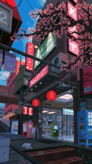 Aesthetic Pixel Art Cityscape with Cherry Blossoms Mobile Wallpaper