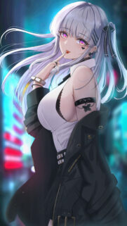 Stunning Anime Girl with Silver Hair in Neon City Night Wallpaper
