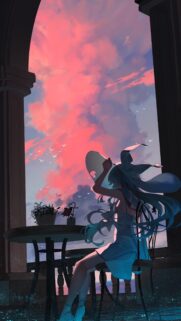 Anime Girl Watching Sunset on Balcony Mobile Wallpaper