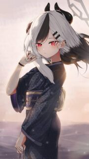 Stunning Anime Girl with Red Eyes and Two Tone Hair in Kimono Wallpaper