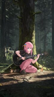 Anime Girl Playing Electric Guitar in Enchanted Forest Wallpaper