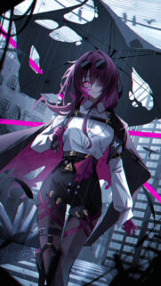 Anime Girl with Purple Hair and Umbrella Urban Rainy Aesthetic Wallpaper