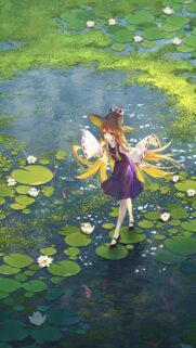 Anime Girl with Frog Hat Standing on Lily Pads High Quality Mobile Wallpaper