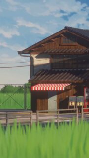 Aesthetic Anime Style Rural Japanese House with Red Awning Wallpaper