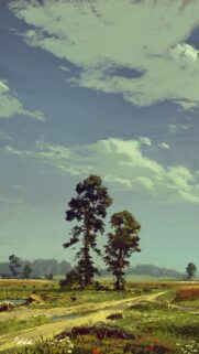 Stunning Impressionist Landscape Painting of Two Pine Trees Under a Moody Sky Wallpaper