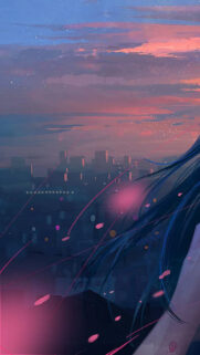 Anime Girl Watching Sunset Over Cityscape Mobile Wallpaper HD