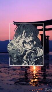 Emotional Anime Samurai Couple Wallpaper at Sunset Torii Gate