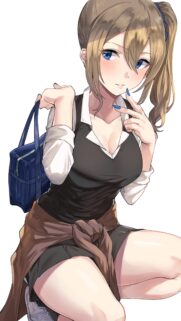 Beautiful Anime Schoolgirl with Ponytail Holding Blue Bag Wallpaper