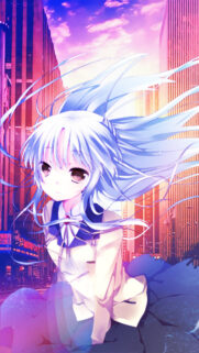 Anime Girl with Flowing Blue Hair in Cityscape Mobile Wallpaper