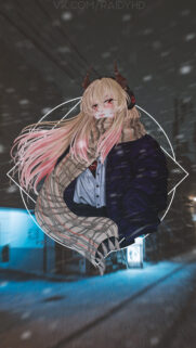 Anime Girl with Horns and Scarf Winter Aesthetic Phone Wallpaper