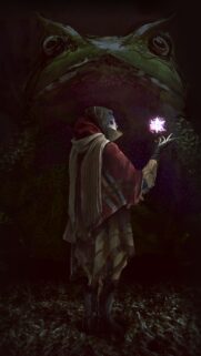 Mystical hooded wizard summoning magic orb with giant swamp frog background wallpaper