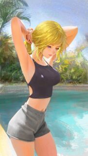 Beautiful Blonde Anime Girl Relaxing at a Sunny Summer Swimming Pool Wallpaper