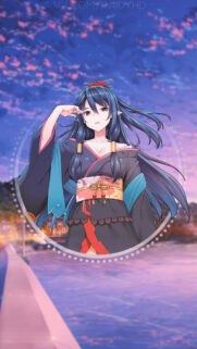 Anime Girl in Traditional Kimono at Twilight Mobile Wallpaper