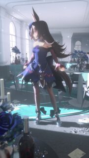Elegant Anime Girl in Blue Dress Standing in Ethereal Banquet Hall Wallpaper
