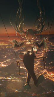 Hatsune Miku Swinging Above Glowing City Lights Anime Wallpaper