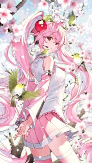 Anime Girl with Pink Hair and Cherry Blossoms High Quality Mobile Wallpaper