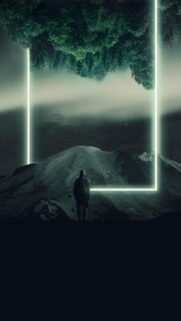 Surreal Mountain Landscape with Neon Portal and Lone Wanderer Mobile Wallpaper