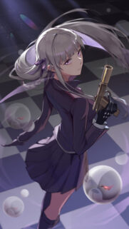Anime Girl with Silver Hair and Golden Pistol Wallpaper for Mobile