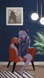 Anime Girl Sitting in Orange Armchair Aesthetic Wallpaper for Mobile