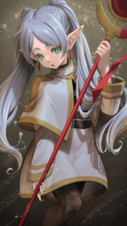 Stunning Anime Elf Mage Frieren Wallpaper with Magic Staff for Mobile Devices
