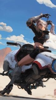 Cyberpunk Biker Girl in Desert Wasteland Art Wallpaper for Mobile