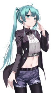 Cute Anime Girl with Turquoise Twin Tails and Stylish Bad Girl Outfit Wallpaper