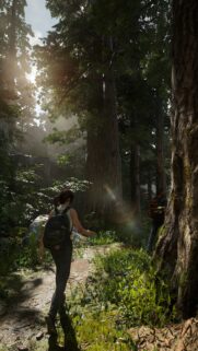Ellie and Joel Walking Through Sunlit Forest The Last of Us Part II Mobile Wallpaper