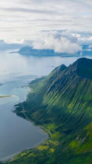 Breathtaking Aerial View of Norway Fjord and Green Mountain Landscape Wallpaper