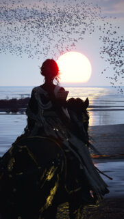 Fantasy Warrior Riding Horse at Sunset with Bird Flock Wallpaper for Mobile