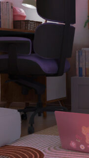 Cozy Anime Study Desk with Purple Gaming Chair and Pink Laptop Aesthetic Wallpaper