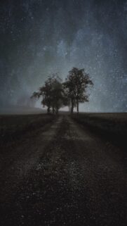 Mystical Country Road Under Starry Night Sky Mobile Wallpaper