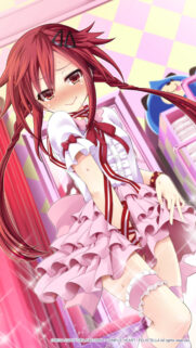 Cute Anime Girl with Red Hair in Frilly Pink Dress High-Quality Mobile Wallpaper