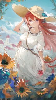 Anime Girl in Straw Hat and White Dress Sunflower Field Wallpaper