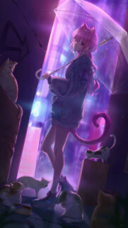 Anime Cat Girl with Umbrella in Neon City Lights Mobile Wallpaper