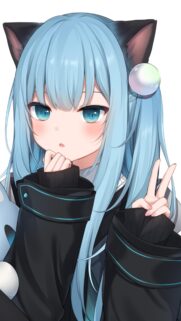 Cute Anime Cat Girl with Pastel Blue Hair and Victory Sign Mobile Wallpaper