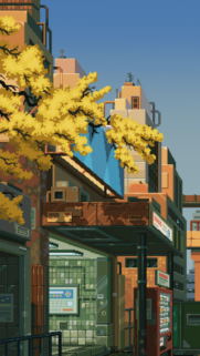 Stunning Pixel Art Cityscape with Autumn Tree Phone Wallpaper