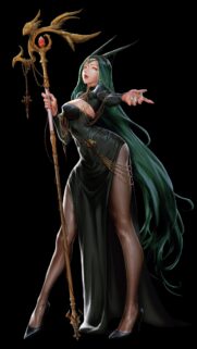 Elegant Green Haired Sorceress with Golden Staff Mobile Wallpaper