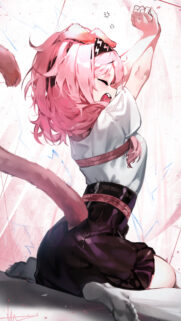 Cute Anime Girl with Pink Hair and Cat Tail Stretching High Quality Mobile Wallpaper