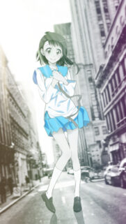 Cute Anime Schoolgirl Standing in City Street Aesthetic Wallpaper