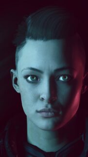 Cyberpunk Female Warrior Portrait with Glowing Green Eyes High Quality Wallpaper