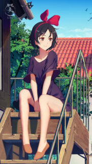 Anime Girl Kiki Sitting on Wooden Stairs Summer Aesthetic Mobile Wallpaper