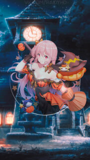 Anime Halloween Girl with Pumpkin Lantern and Witch Hat Mobile Wallpaper