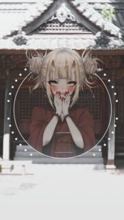 Anime Girl Oni Demon in Traditional Kimono at Japanese Temple Wallpaper