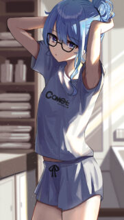 Anime Girl with Blue Hair and Glasses in Casual Pajamas High Quality Wallpaper