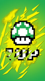 Retro 1UP Pixel Mushroom Green and Yellow Gaming Wallpaper for Mobile